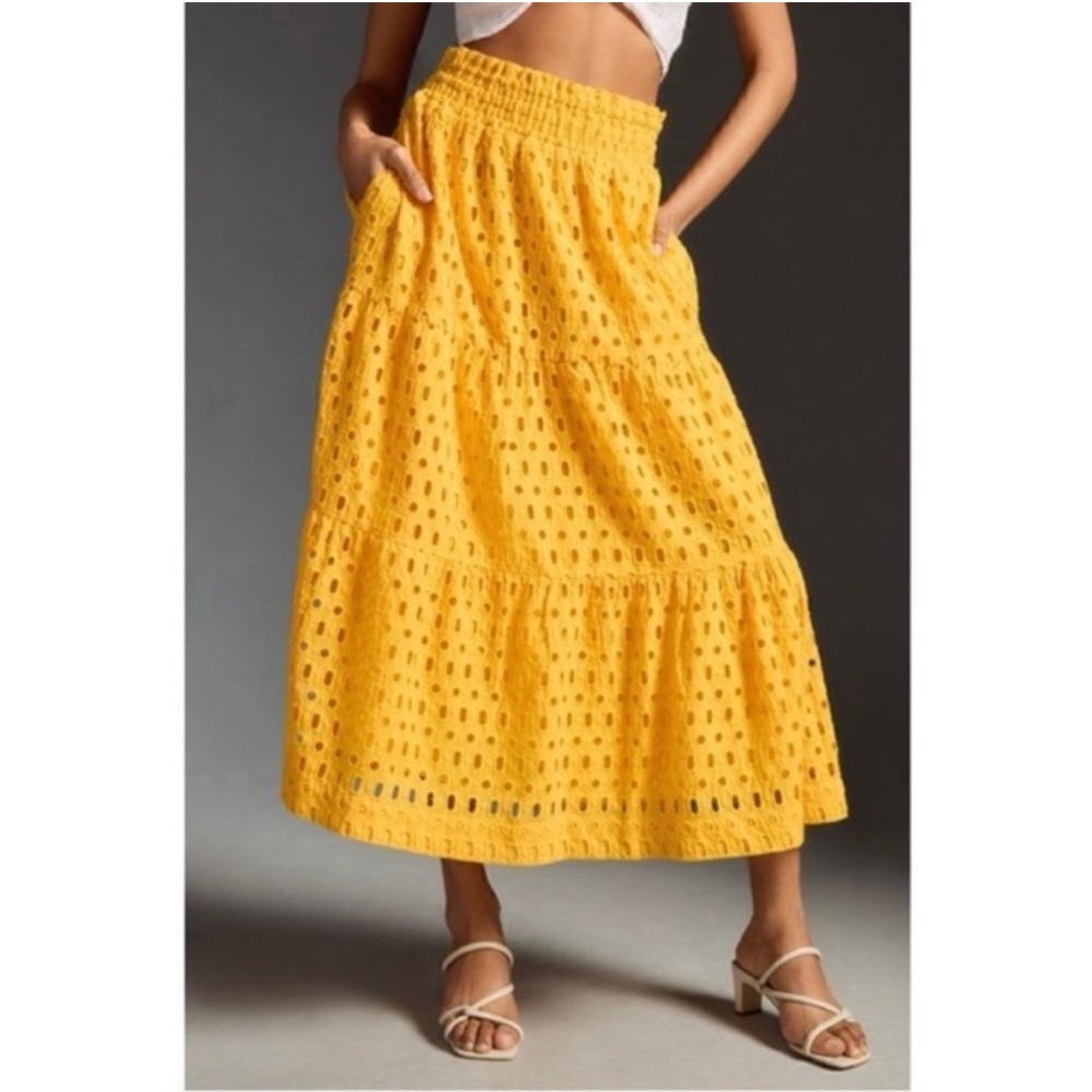 Anthropologie marigold yellow eyelet maxi skirt sz L